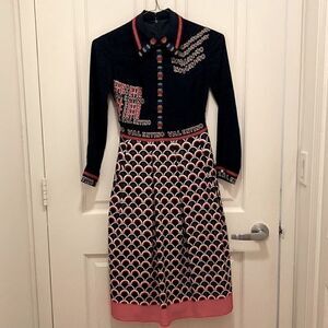 Long Sleeve Designer Inspired Midi Dress in red/white/blue Print. Size X Small.